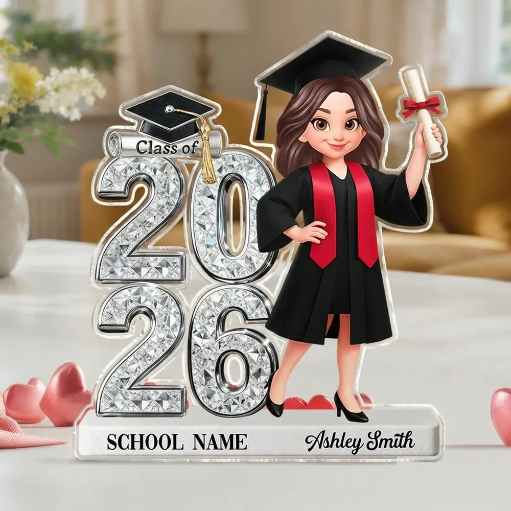 Personalized Graduation 2-Layer Wooden Plaque, Class of 2026 Cartoon Graduate Holding Diploma, Unique Gift for Her Him
