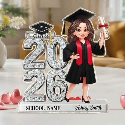 Personalized Graduation 2-Layer Wooden Plaque, Class of 2026 Cartoon Graduate Holding Diploma, Unique Gift for Her Him