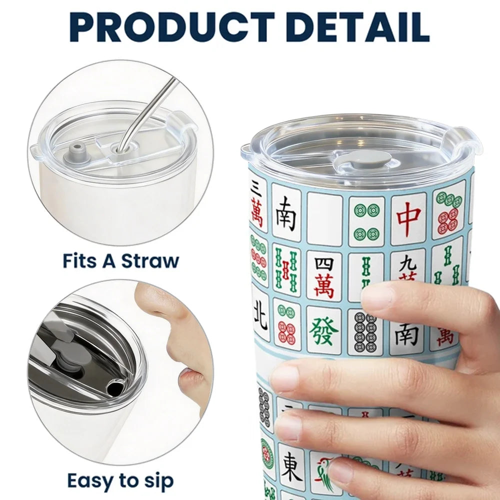 Personalized Insulated Travel Tumbler with Colorful Mahjong Tiles, Unique Gift for Mahjong Lovers