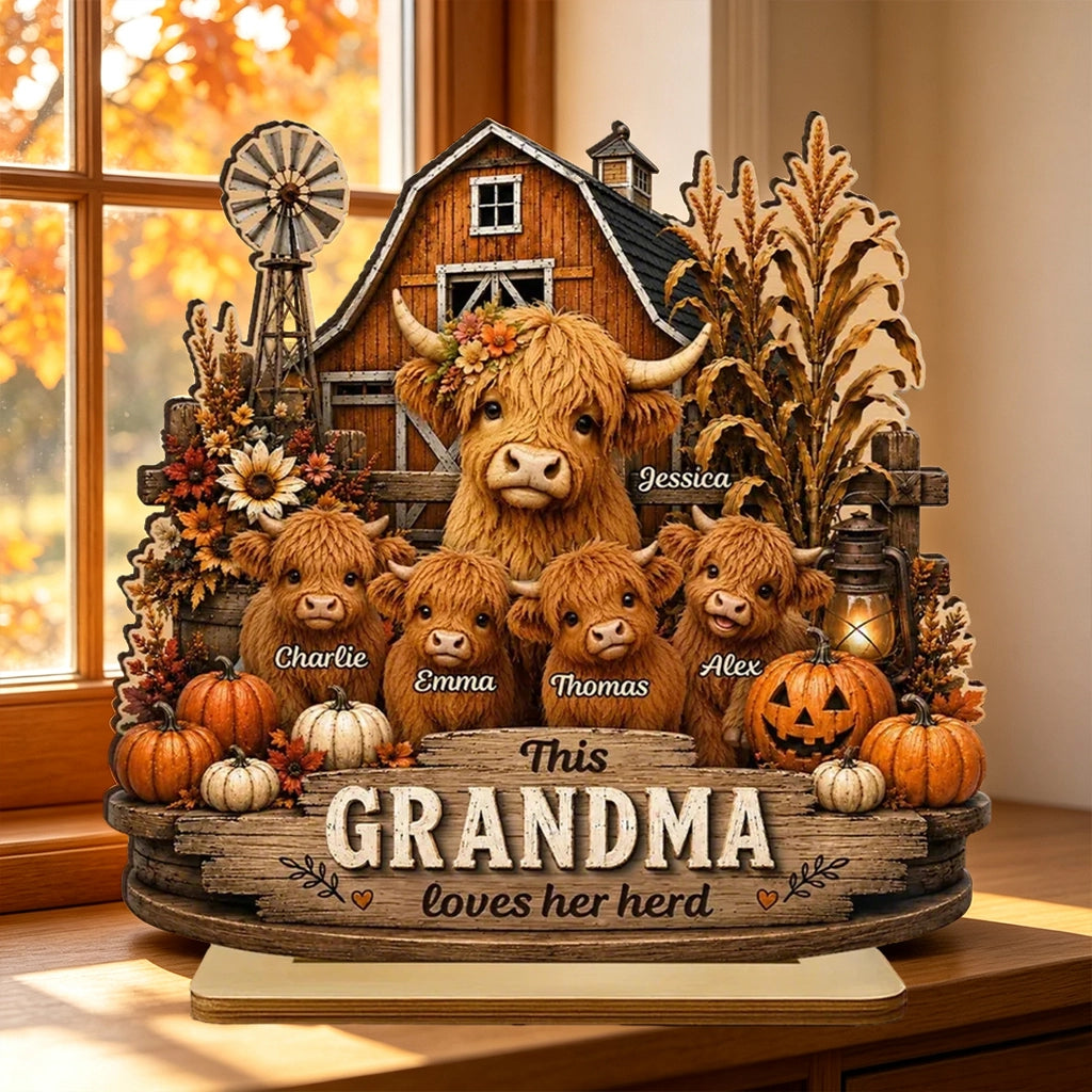 Personalized 2-Layer Wooden Plaque with Highland Cow Herd, Rustic Fall Decor, Unique Gift for Grandma