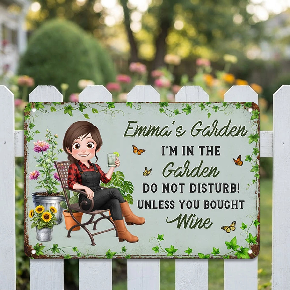 Personalized Rectangular Iron Sign, Relaxing Woman in a Leafy Garden, Unique Gift for Gardeners