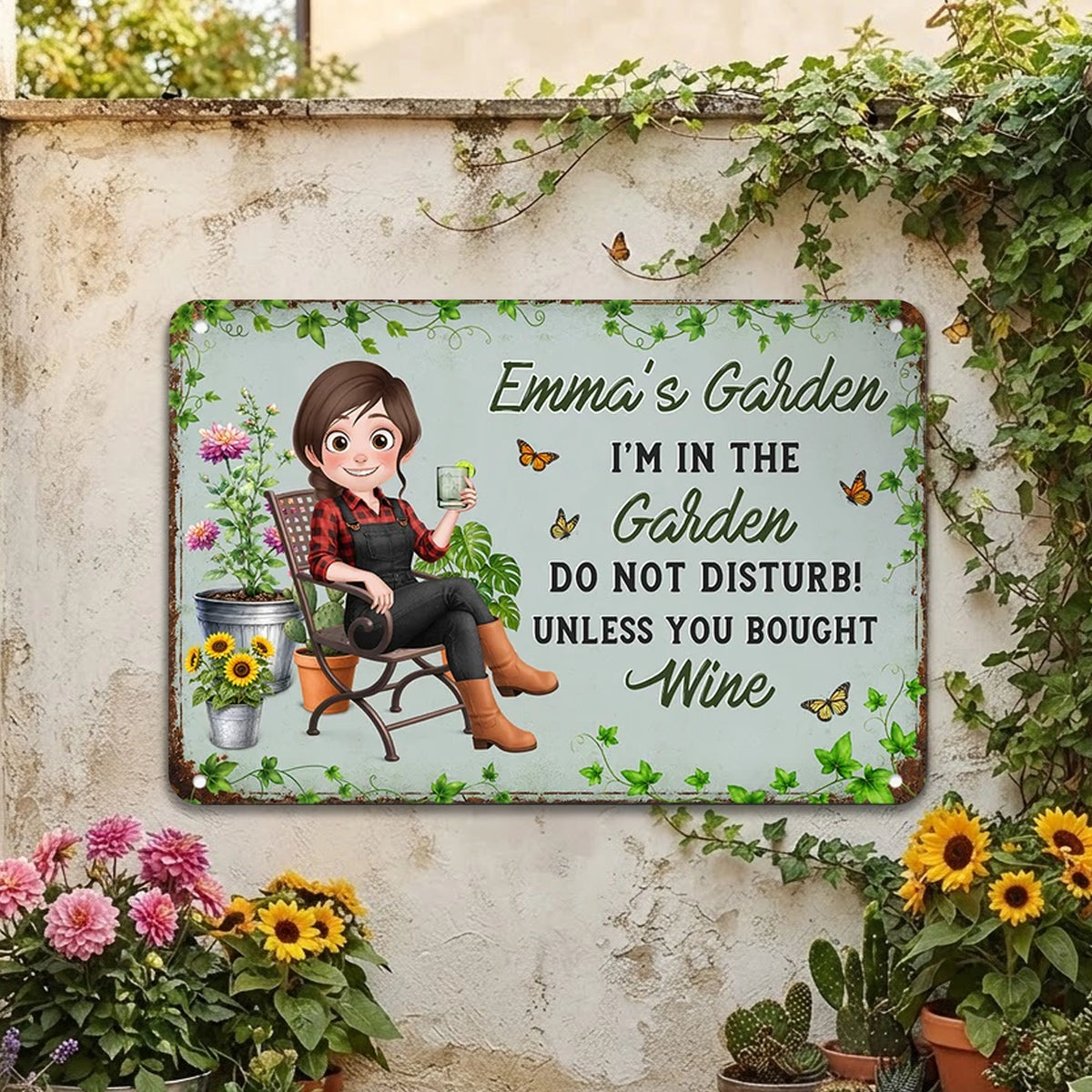 Personalized Rectangular Iron Sign, Relaxing Woman in a Leafy Garden, Unique Gift for Gardeners
