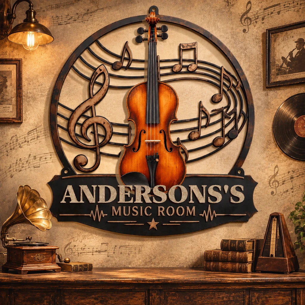 Personalized Vintage Music Room Metal Sign, Multiple Instrument Options & Custom Name, Rustic Wall Decor Gift for Music Lovers