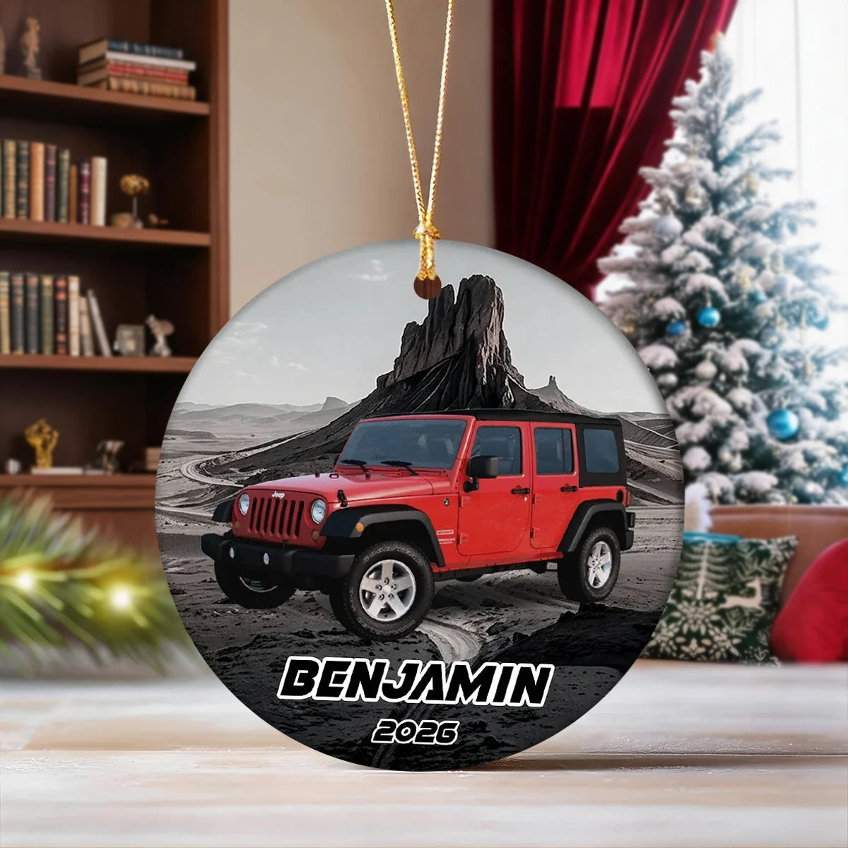 Personalized Ceramic Ornament with Red Off-Road Car on Desert Road, Unique Christmas Gift for Car Enthusiasts