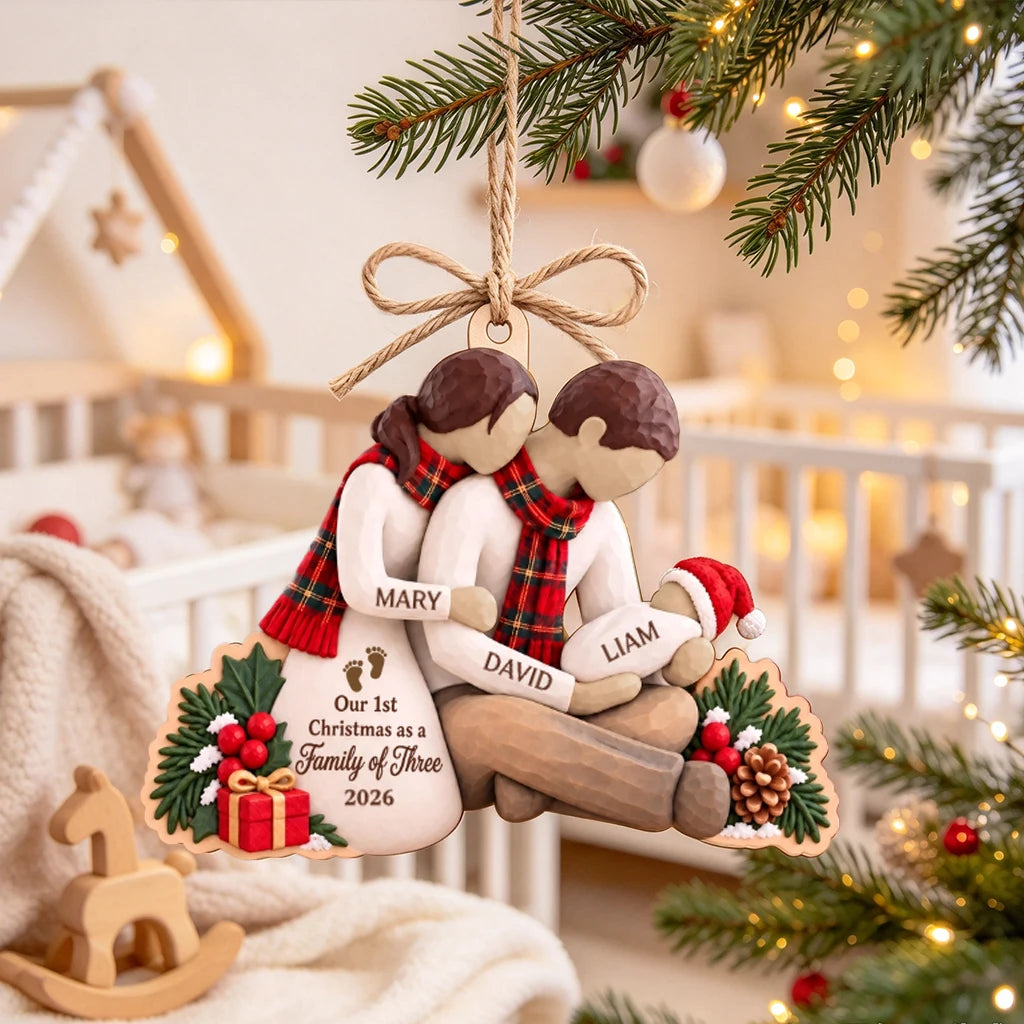 Wooden Ornament, Embracing Parents with Baby, Rustic Christmas Tree Decor, Unique Gift for a Growing Family