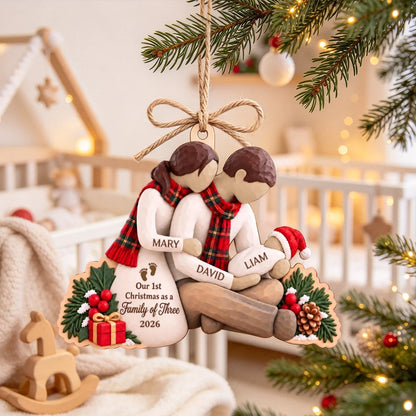 Wooden Ornament, Embracing Parents with Baby, Rustic Christmas Tree Decor, Unique Gift for a Growing Family
