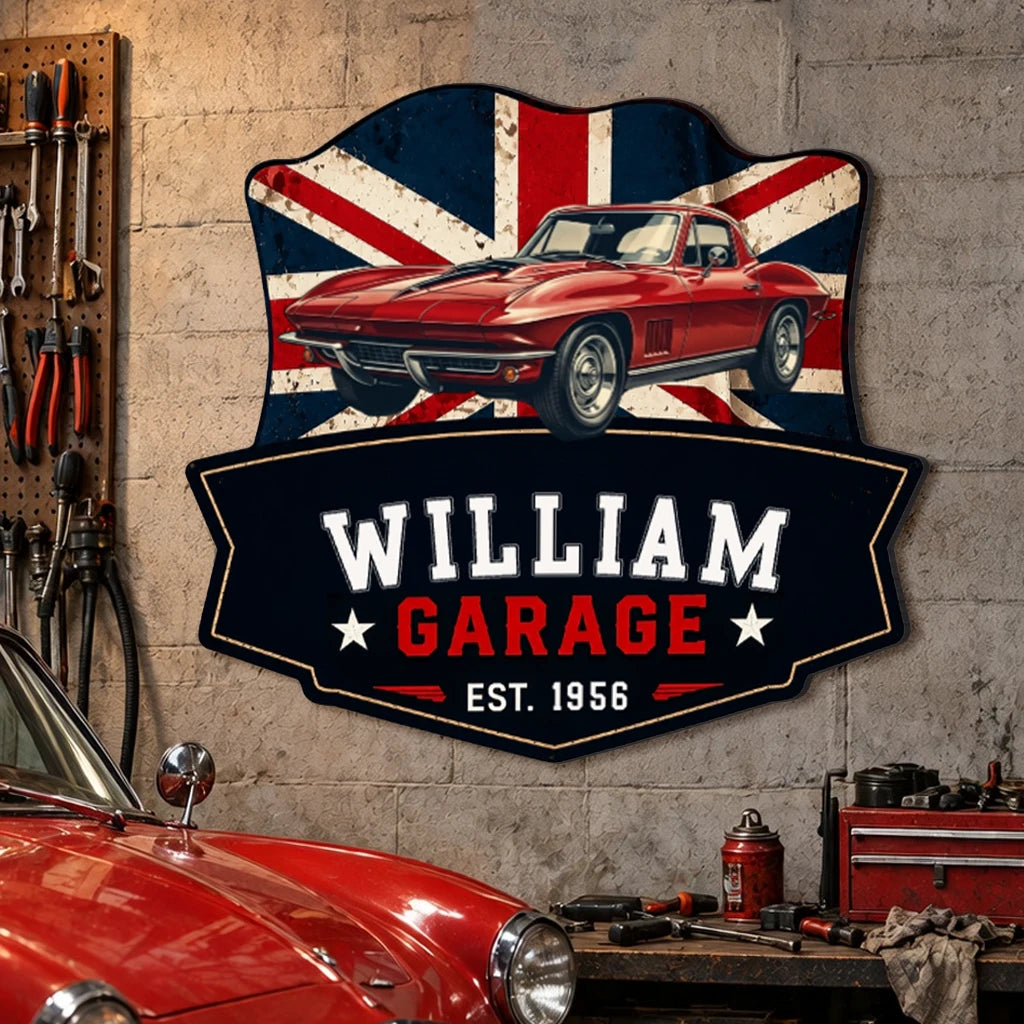 Personalized Vintage Car Garage Metal Sign with Custom Photo, Name & Year, Country Flag Design, Unique Gift for Dad & Car Lovers
