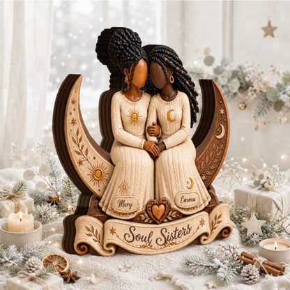 Personalized Boho Celestial Soul Sisters Wooden Plaque, Sun and Moon Friendship Figurine, Meaningful Gift for Best Friends