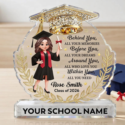 Personalized Shaped Acrylic Block Plaque Graduation Girl With Cap Quote, Unique Keepsake Gift for Grad, Shiny Gold Look Decor