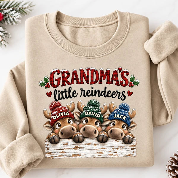 Personalized Grandma Sweatshirt with Cute Peeking Reindeer, Red Plaid Christmas Design, Unique Gift for Grandma