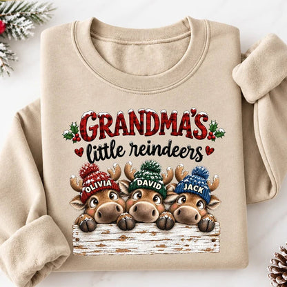 Personalized Grandma Sweatshirt with Cute Peeking Reindeer, Red Plaid Christmas Design, Unique Gift for Grandma