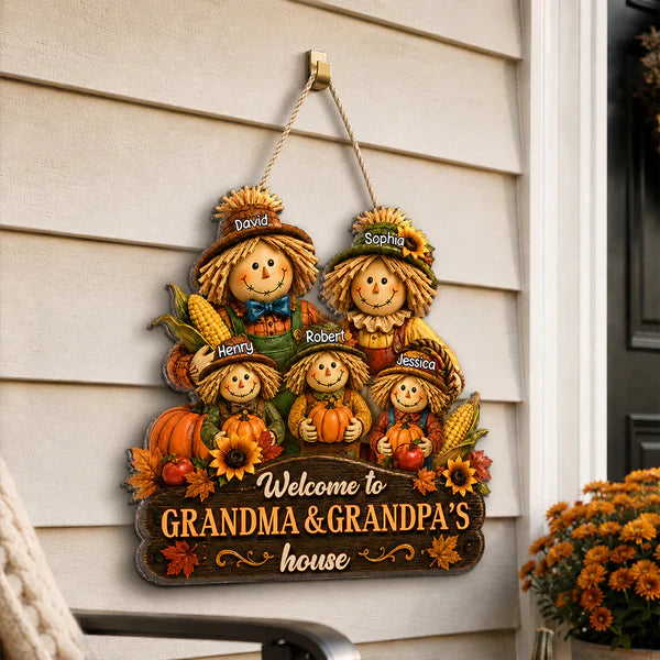 Personalized Wooden Sign with Scarecrow Family, Fall Door Decor, Unique Gift for Grandma & Grandpa