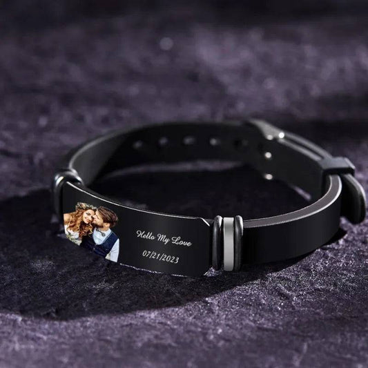 Custom Photo Engraved Bracelet - Wedding Gift For Anniversary Or Newly Married Couple Personalized Bracelet