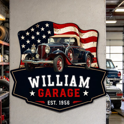 Personalized Vintage Car Garage Metal Sign with Custom Photo, Name & Year, Country Flag Design, Unique Gift for Dad & Car Lovers