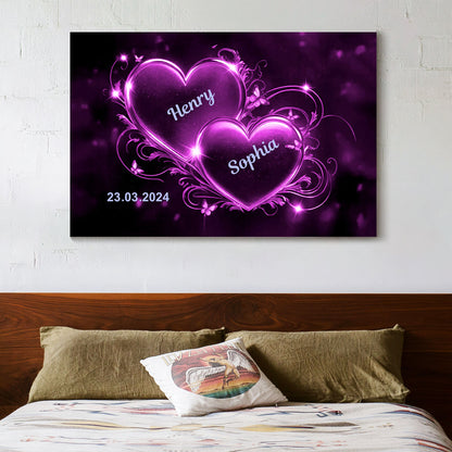 Romantic Double Heart Neon Poster or Canvas - Personalized Valentine’s Day Gift for Couples, Bedroom Decor