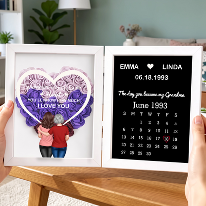Foldable Floral Shadow Box Personalized for Grandma, Touch My Heart Love Quote with Keepsake Calendar, Meaningful Unique Gift