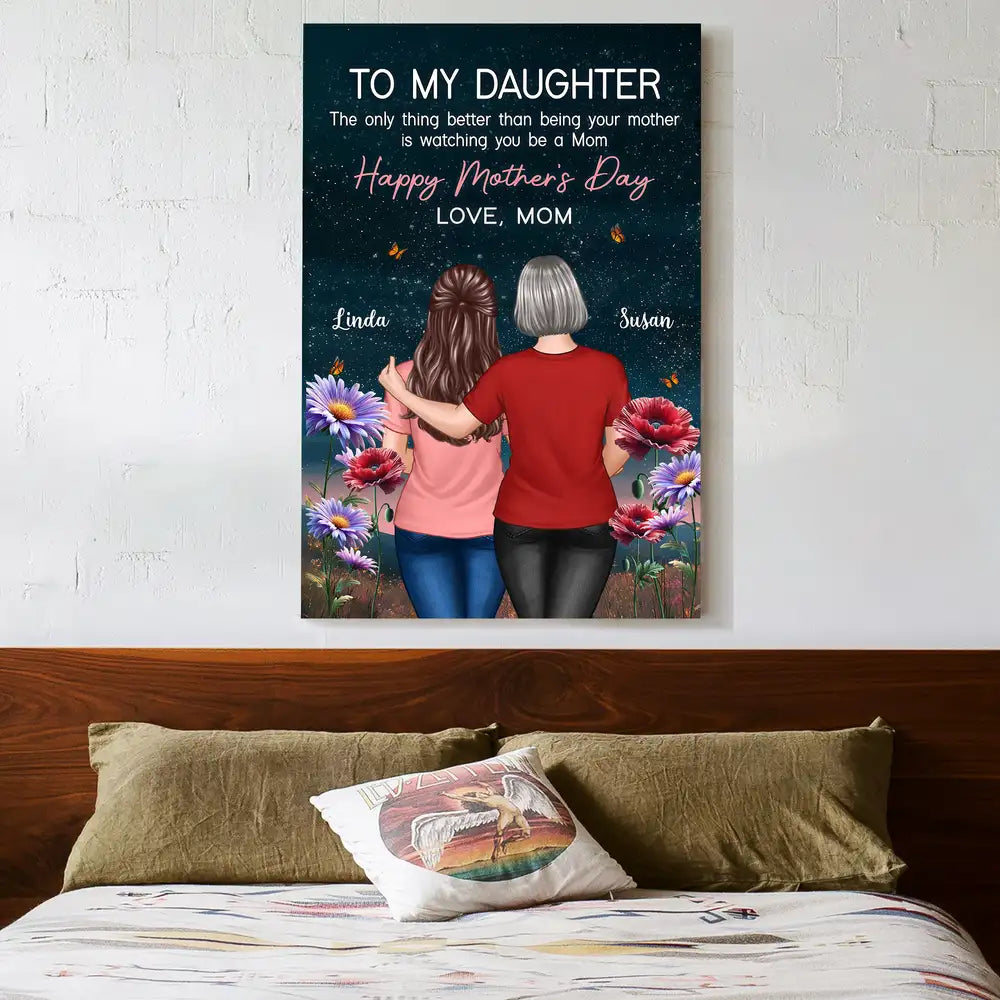 Custom Poster or Canvas for Daughter – Beautiful Mother and Daughter Hug with Floral Background, Ideal Gift for Mother’s Day