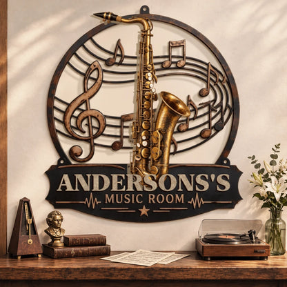 Personalized Vintage Music Room Metal Sign, Multiple Instrument Options & Custom Name, Rustic Wall Decor Gift for Music Lovers