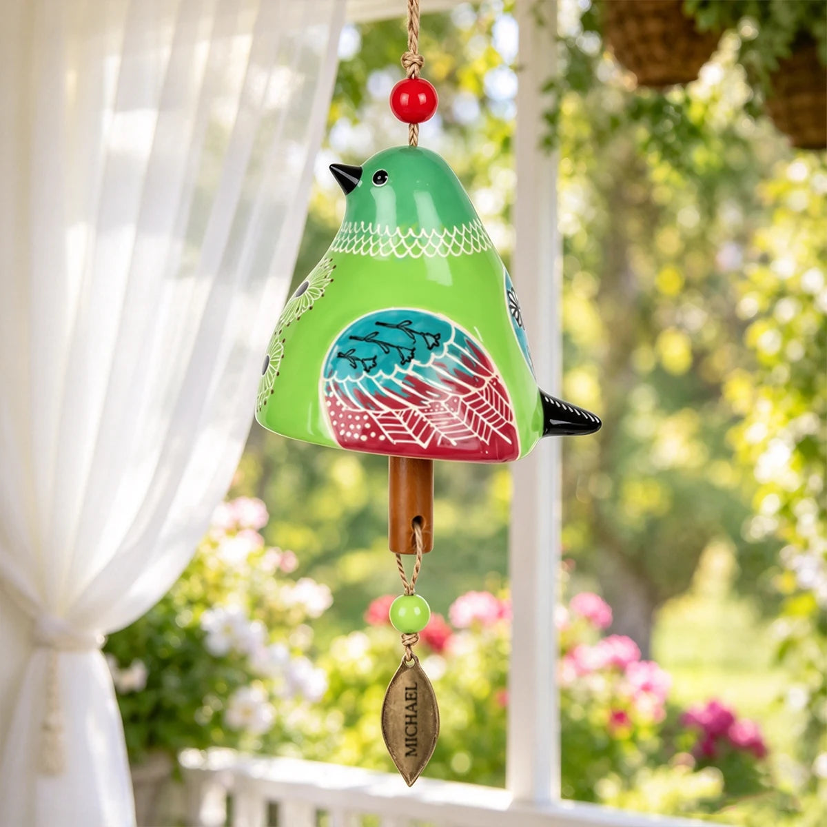 Personalized Ceramic Bird Wind Chime with Custom Name, Hand-Painted Hanging Decor, Unique Gift for Bird Lovers
