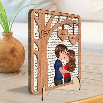 Love's Silhouette - Engraved Kiss Under the Tree Plaque with Alphabet Backdrop - Personalized Romantic Wooden Art