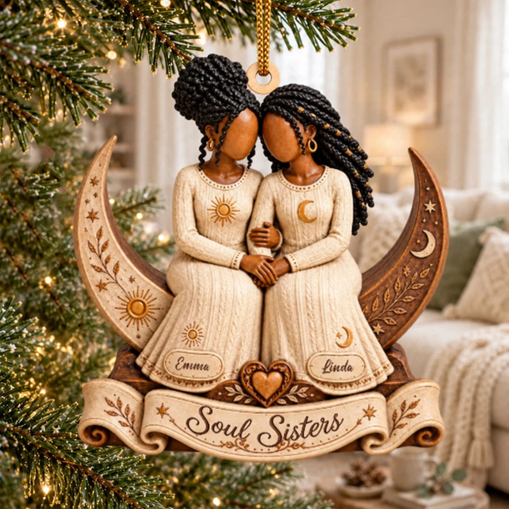 Soul Sisters Wooden Ornament, Friends Seated Close with Sun and Moon Details, Personalized Creative Gift