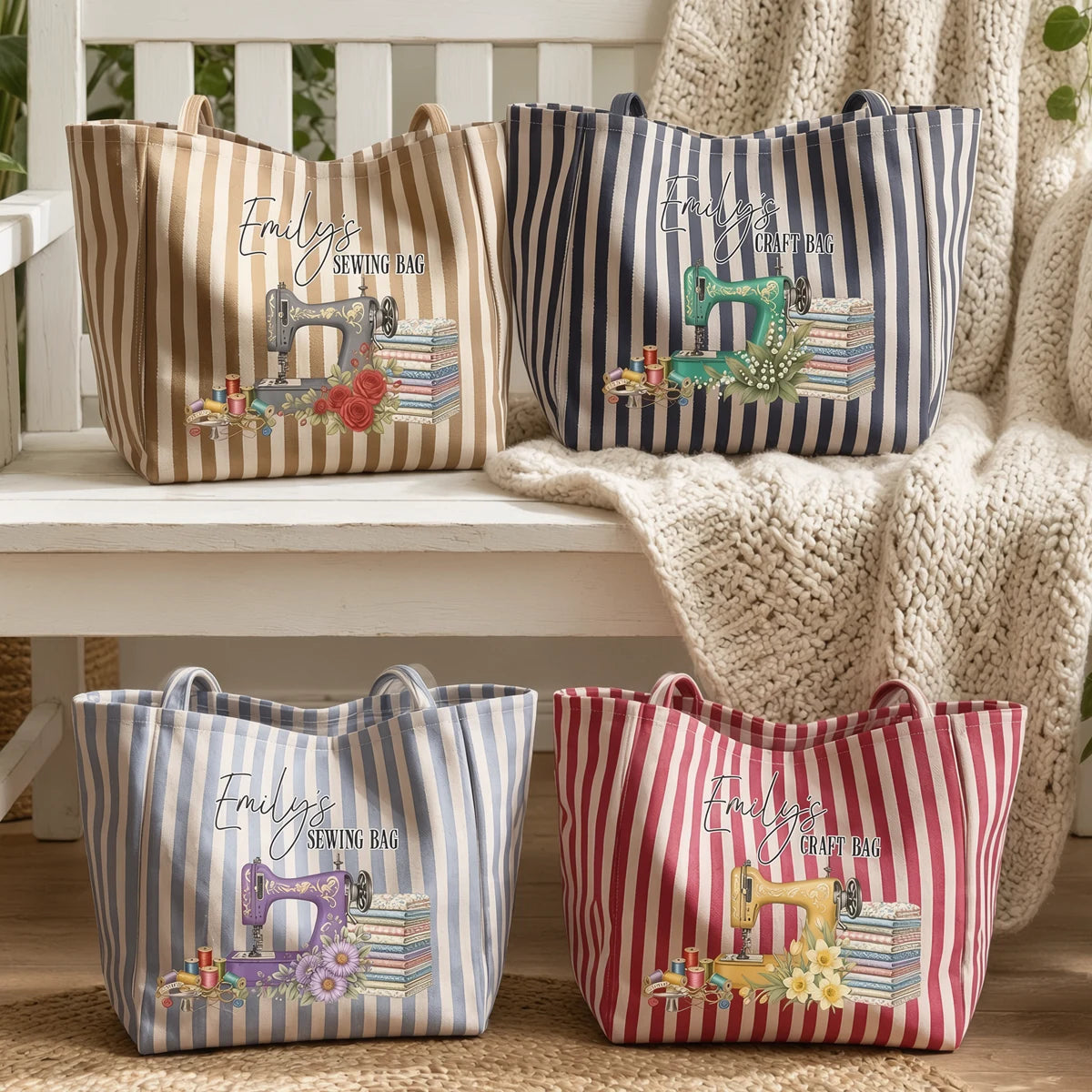 Personalized Striped Pocket Tote Bag with Vintage Sewing Machine & Flowers, Unique Gift for Sewing Lovers