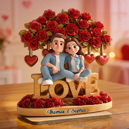 Personalized 2-Layer Wooden Plaque Couple on LOVE Bench with Rose Tree and Hearts, Unique Valentine's Day Gift