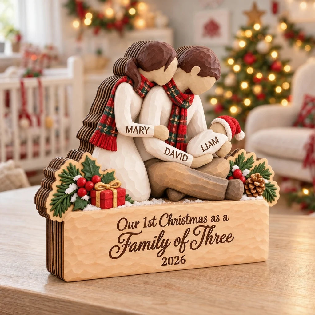 Wooden Ornament, Embracing Parents with Baby, Rustic Christmas Tree Decor, Unique Gift for a Growing Family
