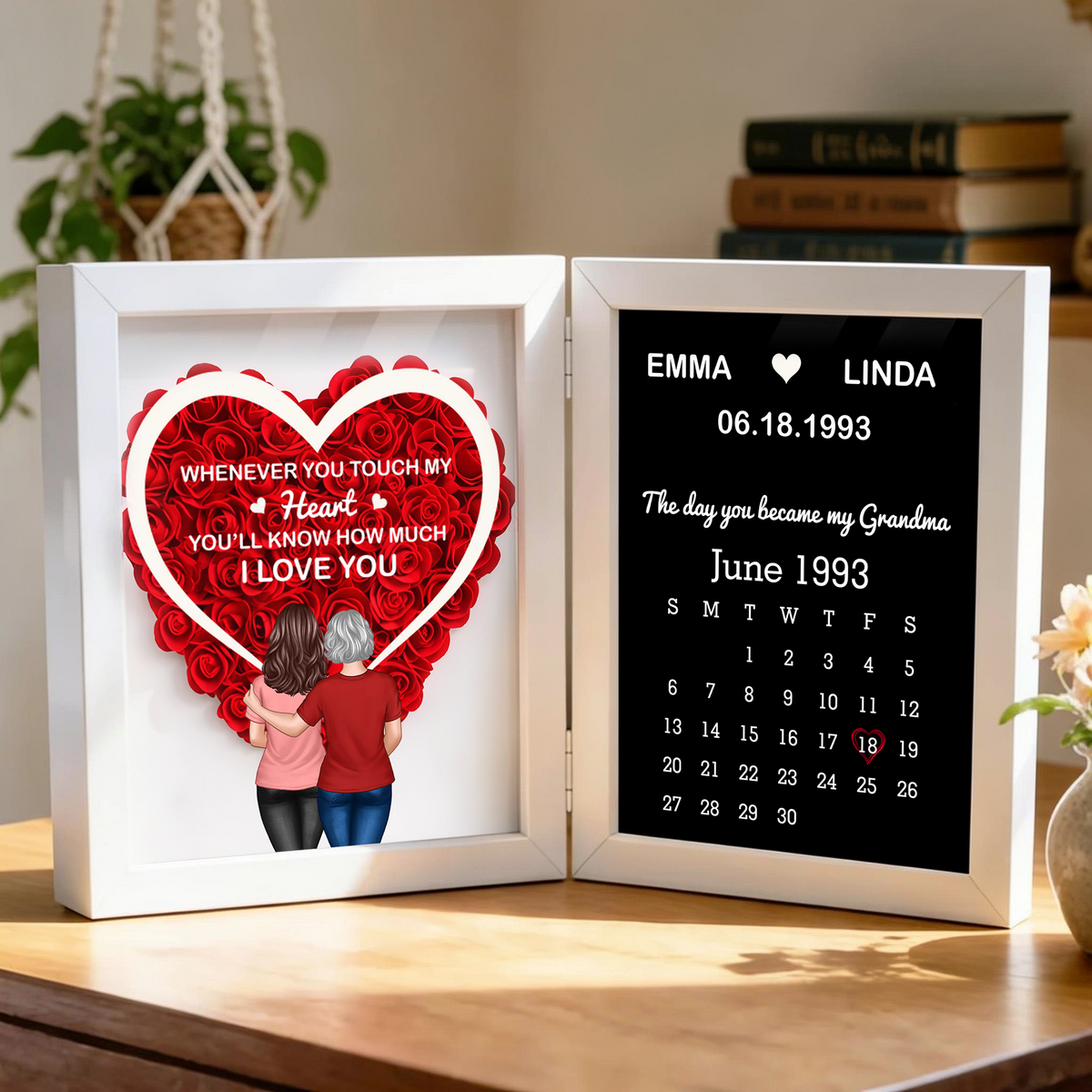 Foldable Floral Shadow Box Personalized for Grandma, Touch My Heart Love Quote with Keepsake Calendar, Meaningful Unique Gift