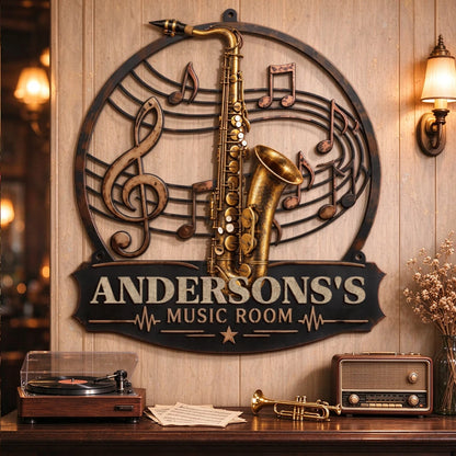 Personalized Vintage Music Room Metal Sign, Multiple Instrument Options & Custom Name, Rustic Wall Decor Gift for Music Lovers
