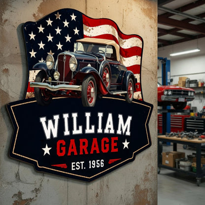 Personalized Vintage Car Garage Metal Sign with Custom Photo, Name & Year, Country Flag Design, Unique Gift for Dad & Car Lovers