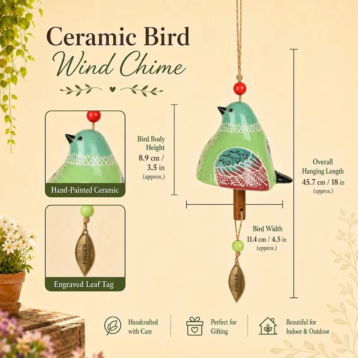 Personalized Ceramic Bird Wind Chime with Custom Name, Hand-Painted Hanging Decor, Unique Gift for Bird Lovers