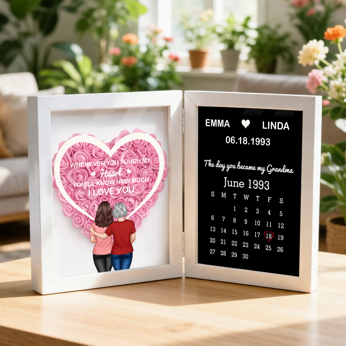 Foldable Floral Shadow Box Personalized for Grandma, Touch My Heart Love Quote with Keepsake Calendar, Meaningful Unique Gift