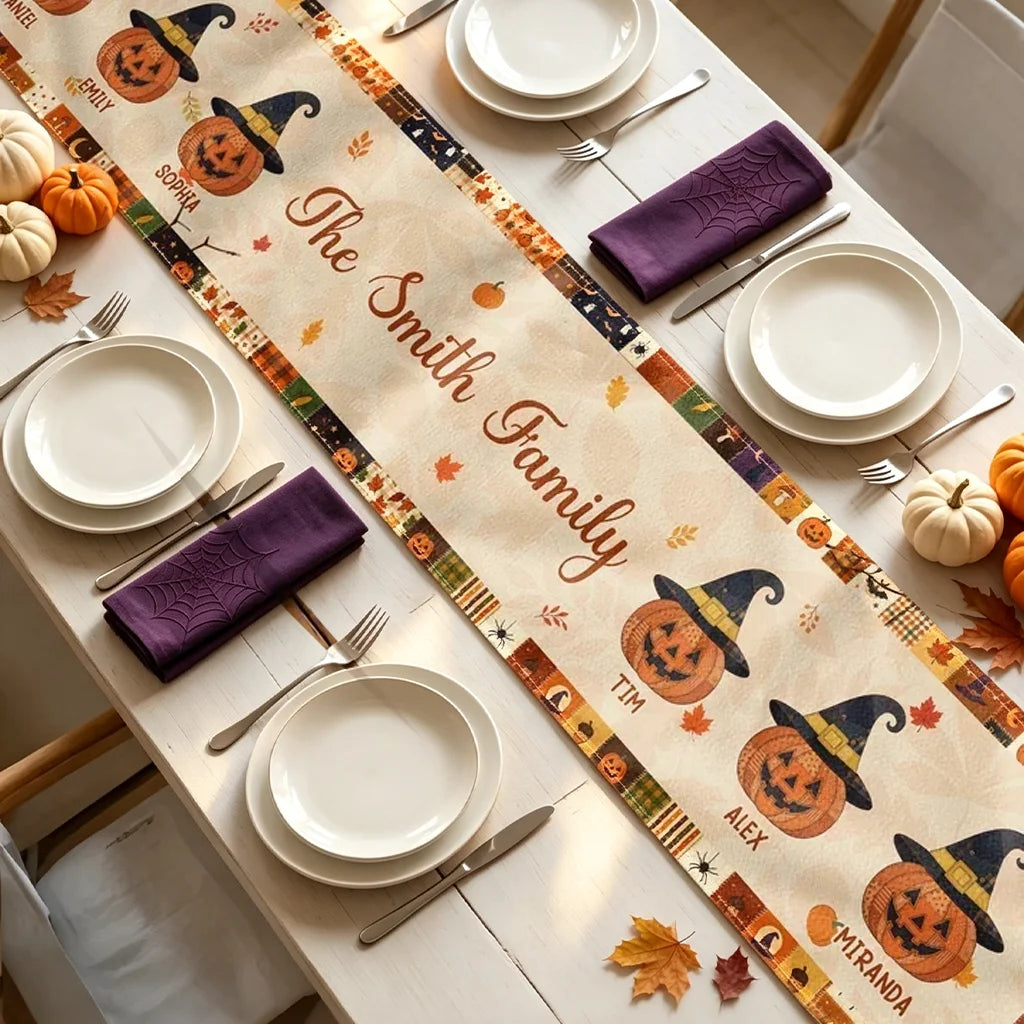 Personalized Halloween Table Runner, Witch Hat Pumpkin Family Design, Creative Gift for Mom and Family