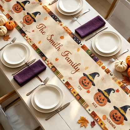 Personalized Halloween Table Runner, Witch Hat Pumpkin Family Design, Creative Gift for Mom and Family