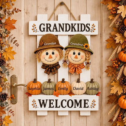Grandkids Welcome Personalized Wooden Sign, Cute Autumn Door Decor, Creative Family Gift for Grandparents