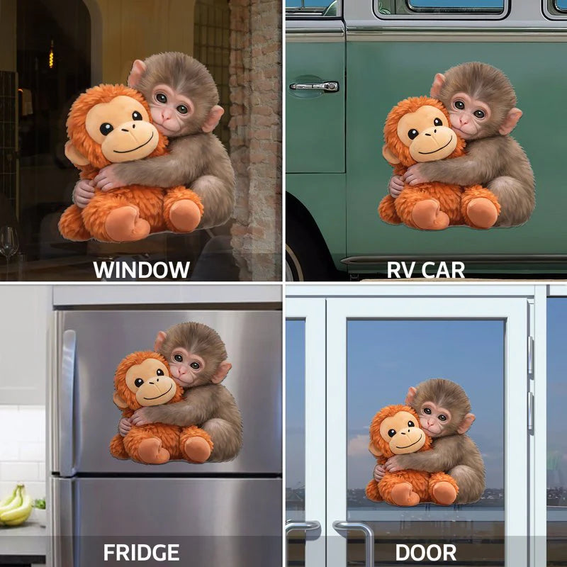 Personalized Baby Monkey Hugging Plush Sticker Decal for Car Window or Locker, Cute Unique Gift for Kids & Grandson
