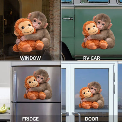 Personalized Baby Monkey Hugging Plush Sticker Decal for Car Window or Locker, Cute Unique Gift for Kids & Grandson