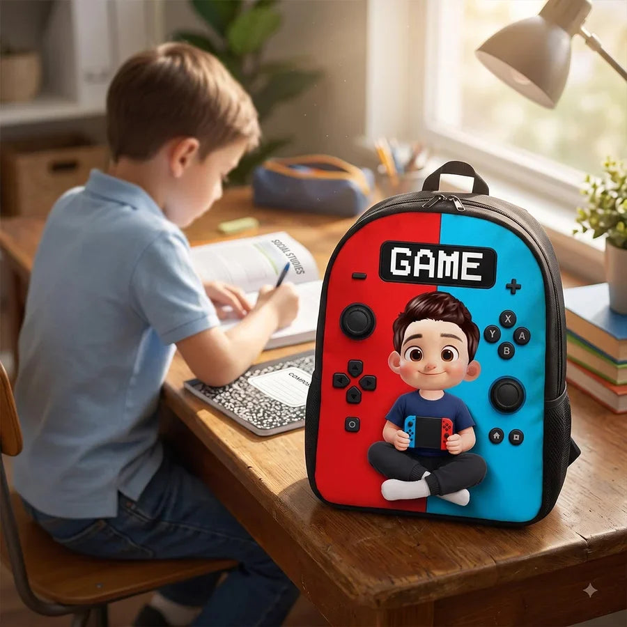 Personalized Kids School Backpack, Red and Blue Cartoon Gamer Boy Holding a Controller, Creative Gift for Young Gamers