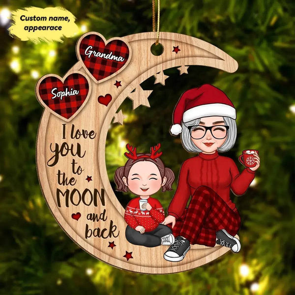 Grandma & Grandkid Sitting On Heart Pattern Moon - Personalized Wooden Ornament