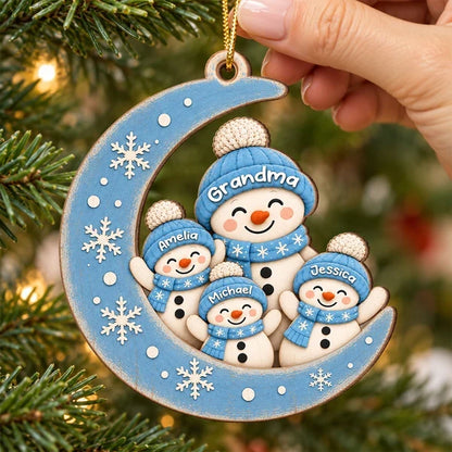 Personalized Ornament with Smiling Grandma and Grandkids on Blue Moon, Unique Christmas Gift for Grandma