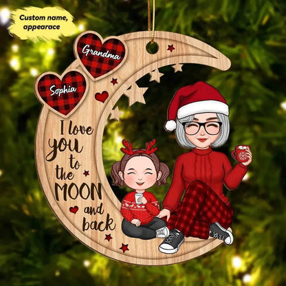 Grandma & Grandkid Sitting On Heart Pattern Moon - Personalized Ornament and Plaque