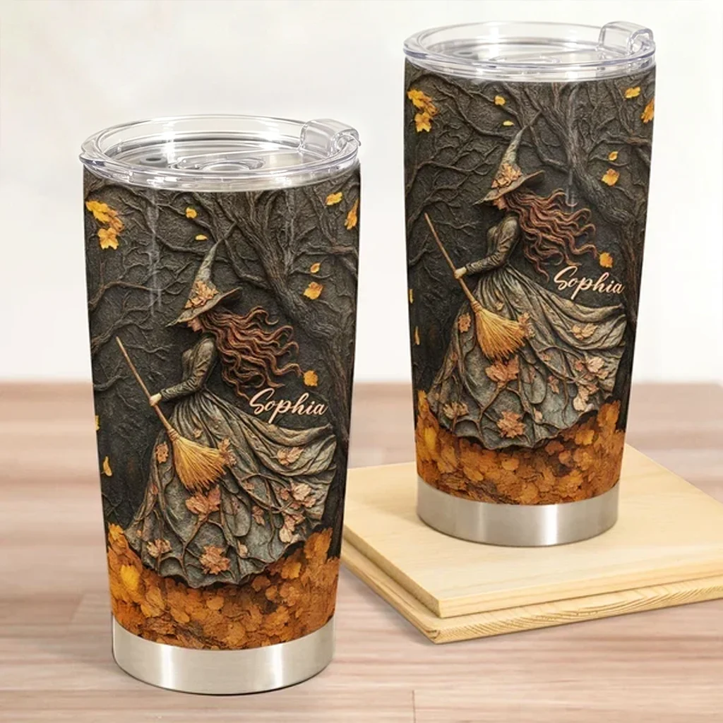 Personalized Insulated Travel Tumbler, Spooky Witch Autumn Art, Unique Gift for Fall Drink Lovers