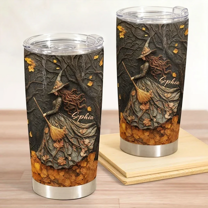 Personalized Insulated Travel Tumbler, Spooky Witch Autumn Art, Unique Gift for Fall Drink Lovers