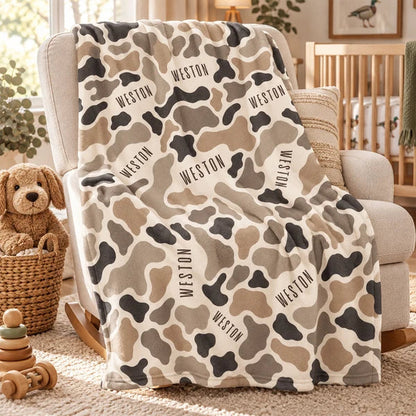 Personalized Neutral Camo Fleece Blanket for Cozy Baby Cuddles, Unique Nursery Gift
