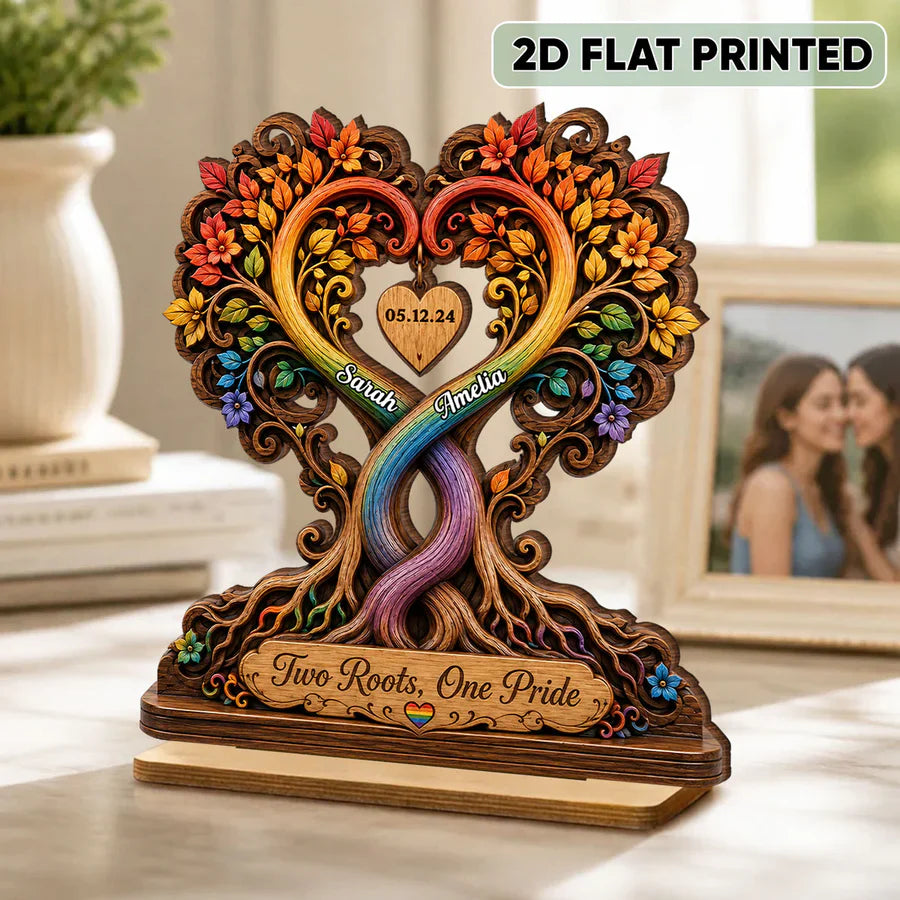 Personalized 2-Layer Wooden Plaque, Intertwined Rainbow Heart Trees, Unique Creative Gift for LGBTQ Couple