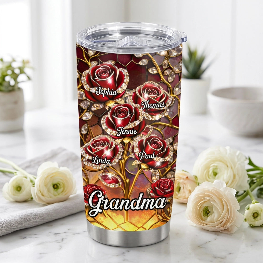 Personalized Grandma Insulated Travel Tumbler, Purple Rose Stained-Glass Style, Unique Gift for Mom or Grandma