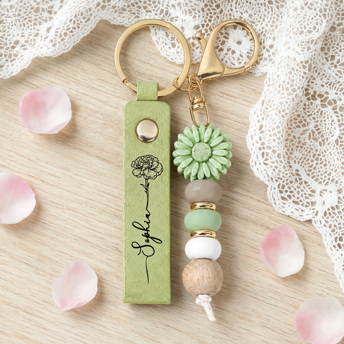 Personalized PU Leather Daisy Keychain, Pastel Birth Flower Sketch, Unique Creative Gift for Her