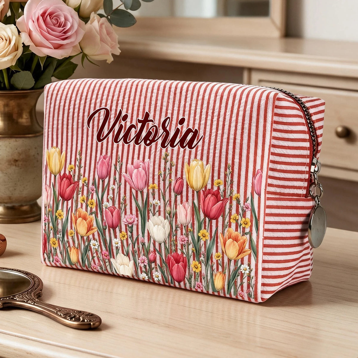 Personalized Stripes Makeup Bag with Red Stripes and Tulips, Unique Gift for Friends and Coworkers