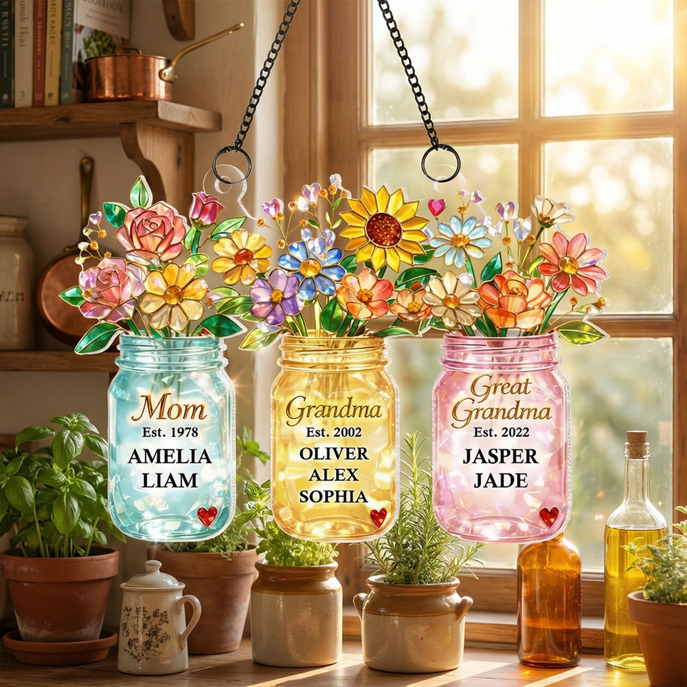 Personalized Acrylic Suncatcher Ornament for Mom Grandma Great Grandma, Colorful Mason Jar Flowers Window Decor Unique Gift